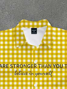 Manfinity EMRG Áo sơ mi nam tay ngắn cài cúc họa tiết kẻ caro vàng & trắng, áo cổ casual street camping, in số 7 phong cách distressed & slogan, dáng rộng, áo cardigan cài cúc, áo sơ mi nam casual kẻ caro vàng & trắng - Nhiều màu - Xem 3