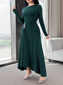 Modelyn 女款純色抓皺腰部優雅成熟中長洋裝，適合派對、晚餐、酒吧及各種場合，深綠色，秋季婚禮適用 - 水鴨藍 - 查看 5