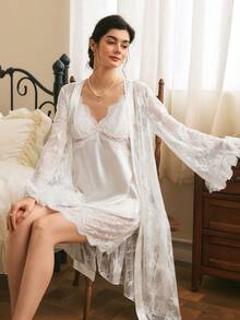 Côtesoire French Elegant Romantic Lace Patchwork V-Neck Camisole Satin Nightgown And Exaggerated Flared Lace Trim Robe Women Sleepwear Set - White - View 6