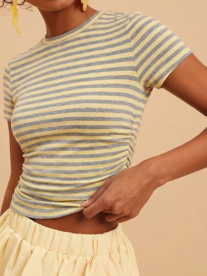 Travachic Women's Round Neck Raglan Short Sleeve Fitted Ruched Striped Blouse, Summer