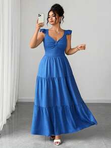 Elenzga Vestido largo de línea A con cuello cuadrado y mangas con volantes, de unicolor y elegante, para mujer de talla grande. Cinturón elástico en la cintura, ajuste ceñido, elegante y apropiado para uso diario, cenas y citas, primavera/verano - Azul - Ver 5