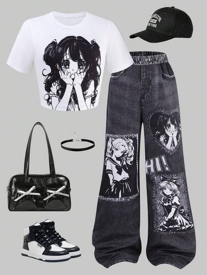 SHEIN 2pcs/Set Girls Street Fashion Star Graphic Knit Crop Top + Denim Look Printed Loose Cargo Pants Set, Versatile Casual Outfit