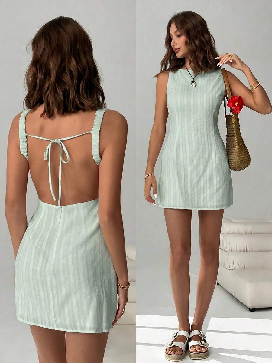 SHEIN EZwear 女士时尚百搭条纹露背性感连衣裙 - 薄荷綠 - 查看 1