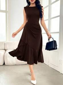 Modelyn Women's Solid Color Ruffle Hem Sleeveless Elegant Dress, Spring/Summer - Coffee Brown - View 7