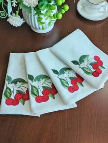 Cirelle 1/2/4pcs Cherry Embroidered Cotton Napkins, Cute Fruit & Floral Cloth Napkin, Reusable & Washable Dinner Napkins For Kitchen, Party, Wedding, Home Table Decor - Multicolor - View 12