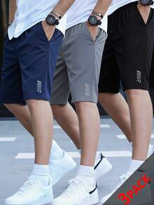 SHEIN 青少年男童三件套休闲撞色反光条短裤套装，黑/灰/蓝，适合运动、居家、学校、校园、大学等场合。 - 彩色 - 查看 6