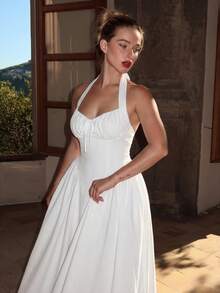 Turnttoni Damen-Swingkleid mit Neckholder, Raffung und Schleife, Weiß, Party-Outfit für Damen, Silvester-Outfit, elegantes Herbst-Hochzeitsgastkleid für den Sommer - Weiss - Übersicht 6