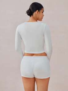 Veilyse 2PCS Women's Solid Color U-Neck Button Front Long Sleeve Crop Top & High Waist Shorts Lounge Set - White - View 2