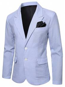 Manfinity Mode Men Business Casual Striped Lapel Long Sleeve Button Front Blazer, Ceremony, Formal - Baby Blue - View 4