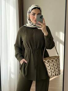 Solavon Plus Size Solid Color Long Sleeve Top And Long Pants 2 Pieces Set Elegant - Army Green - View 5