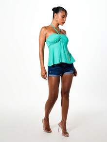 BABYPHAT Top bandeau con cuello de corbata, busto fruncido, bajo fluido y estampado dorado lateral, estilo Y2K - verde menta - Ver 3