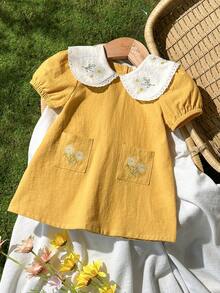 Vintaside Kids 新生女宝宝花卉刺绣连衣裙，乡村风格时尚优雅百搭可爱春夏柔软面料 - 黃色 - 查看 5
