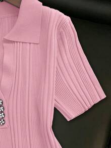 Franclia Women's Blush Pink,Autumn,Elegant,Formal,Wedding Polo Collar Short Sleeve Floral Button Ribbed Slim Fit French Retro Commute Plus Size Sweater Dress - Pink - View 4