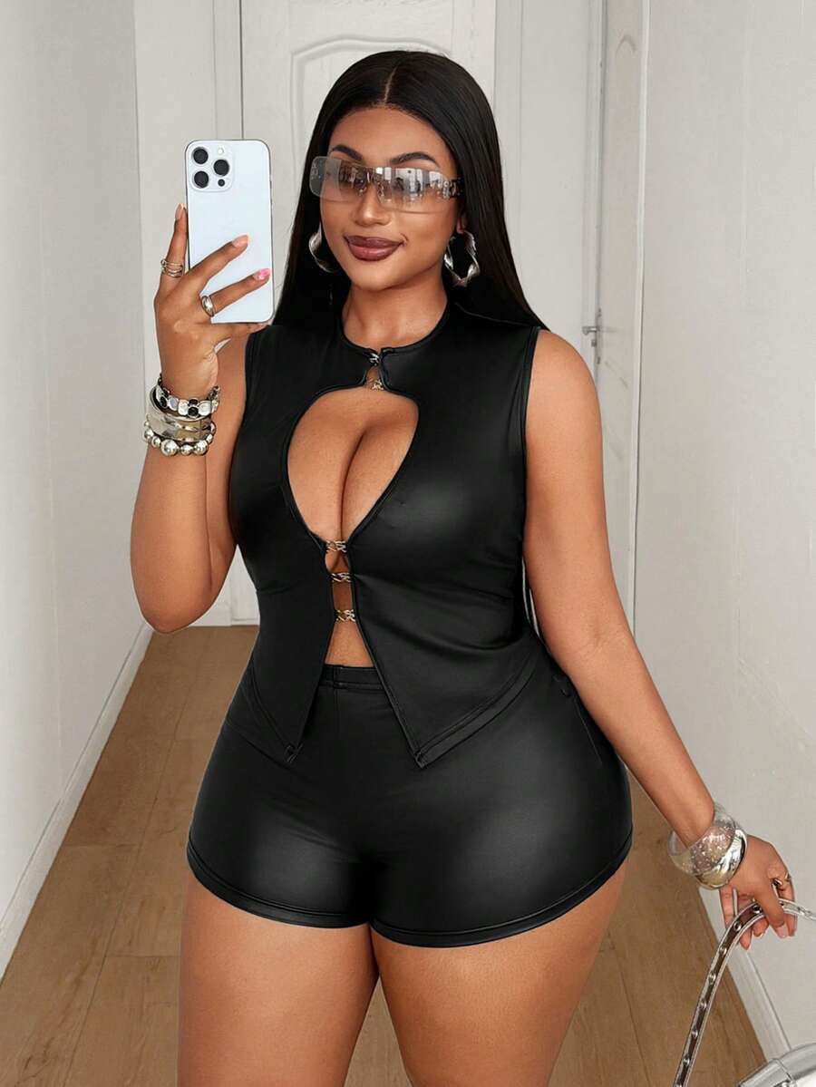 Maweii Bộ crop top và quần short ôm sát chất liệu PU móc lỗ rỗng quyến rũ mới cho mùa hè, trang phục gợi cảm - màu đen - Xem 1