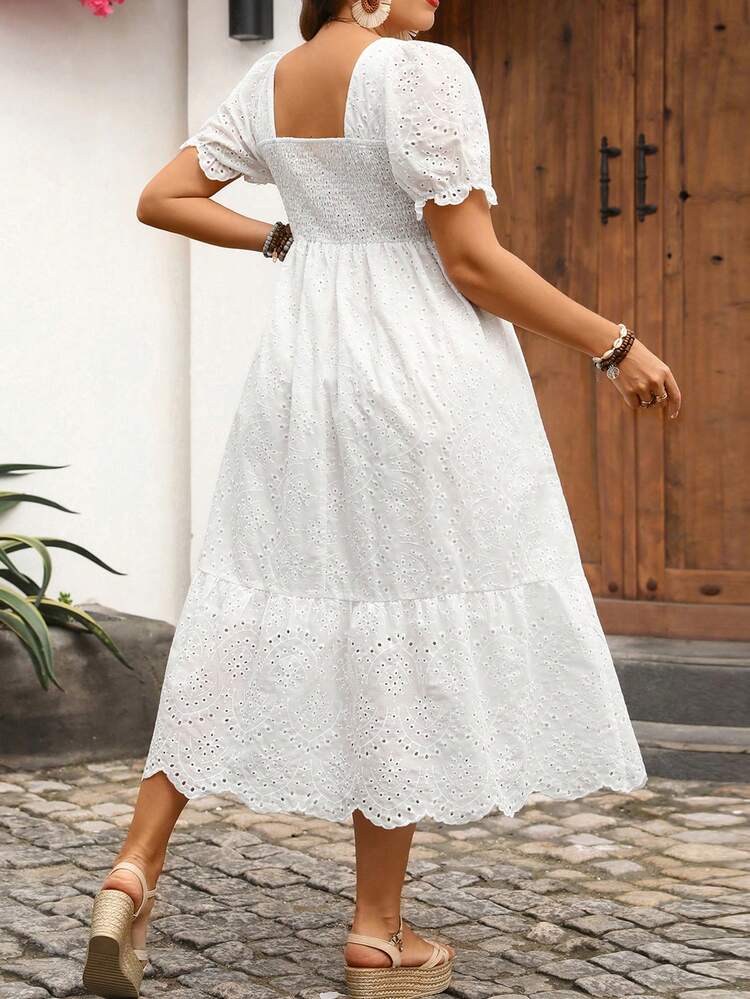 Plus Size Women's Summer Casual Vacation Square Neck Short Sleeve Embroidered White Dress
