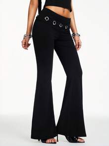 Nooralise Women's Trashy Girlisim Y2k Pastal Autumn Night Golf Flare Leg Pants, Metal-Decorated Waist Fold Eyelet Design Slim-Fit Solid Color Edgy Chic Urban - Black - View 6