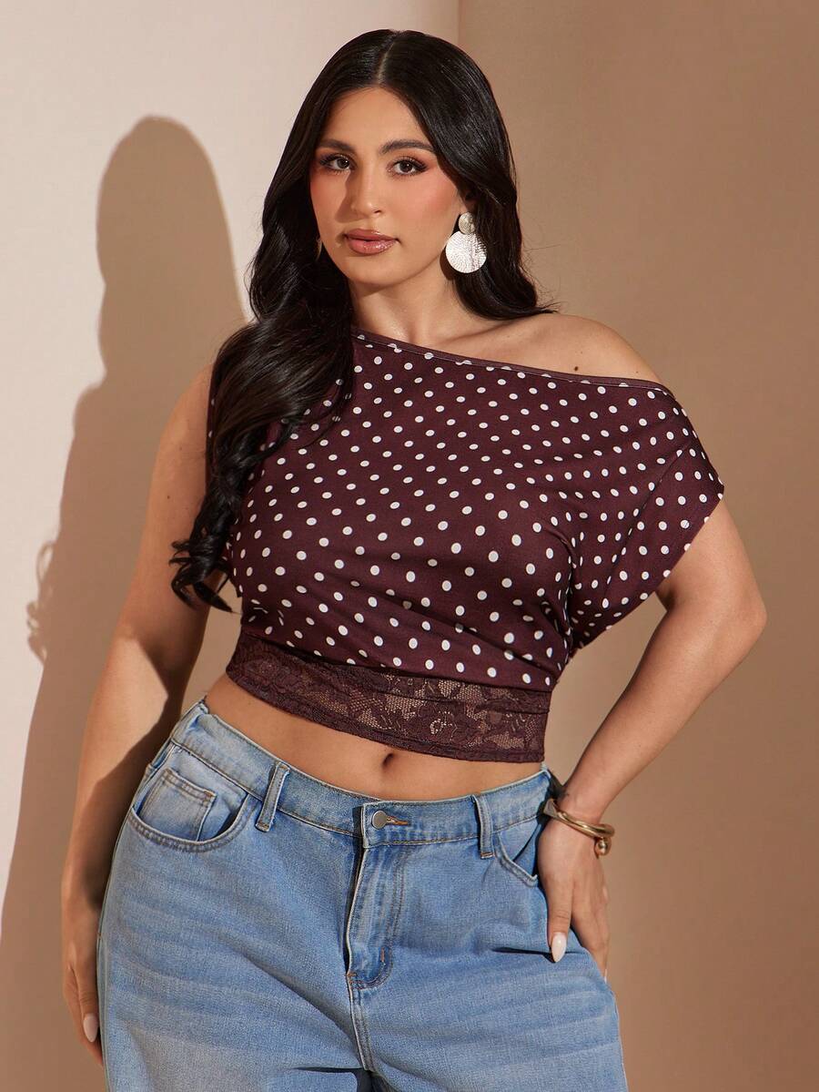 SHEIN BAE CURVE Áo kiểu dáng thanh lịch, cổ xéo, hở vai, phối ren, eo thon. - Màu Đỏ Sâu - Xem 1