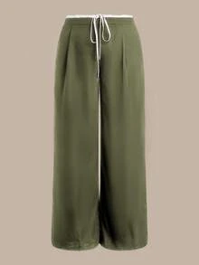 SHEIN BASICS Plus Size Casual Contrast Color Woven Wide Leg Pants With Pockets Fall - Army Green - View 6