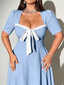 Viva Relle Plus Size Square Neck Twist Color Block Elegant Short Sleeve Dress - Baby Blue - View 2