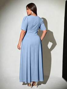 Viva Relle Plus Size Square Neck Twist Color Block Elegant Short Sleeve Dress - Baby Blue - View 7