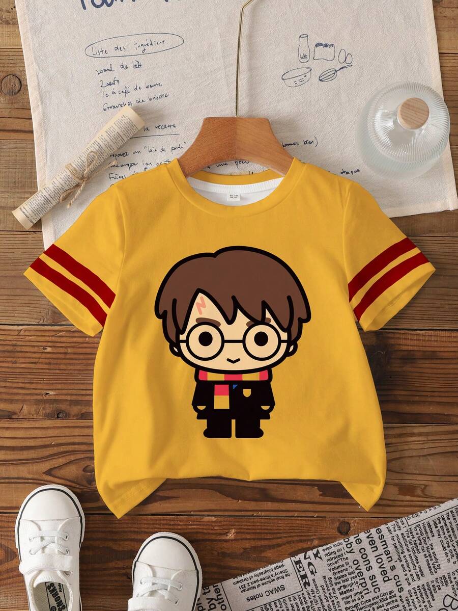 HARRY POTTER X SHEIN 卡通人物条纹印花圆领短袖T恤,男童款 - 白色 - 查看 1