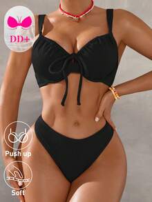 Swim DD+ Women's Solid Color Minimalist Daily Wear Push-Up Swimwear Set - Black - View 3