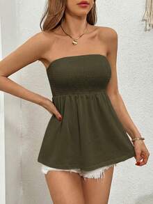 SHEIN Essnce Women's Solid Color Pleated Casual Versatile Daily Wear Tube Top - Army Green - View 4