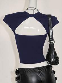 SHEIN ICON 性感露背甜心領休閒功能性（吸濕排汗）黑色T恤 - 寶藍色 - 查看 2