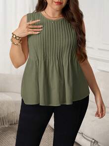 SHEIN LUNE Áo tank top không tay cổ tròn màu trơn, cỡ lớn, kiểu dáng thường ngày - xanh quân đội - Xem 4
