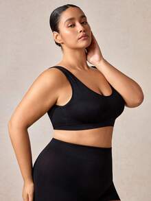 Veilyse 1 pieza Sujetador deportivo sin costuras de doble capa y unicolor para mujer de talla grande, ropa interior de yoga y fitness cómoda y inalámbrica (con almohadillas no fijas desmontables) - Negro - Ver 9