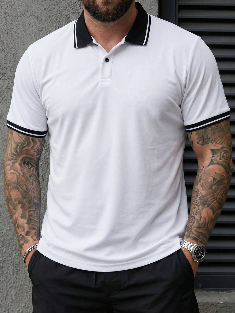 DRIVNCORE Plus Size Men's Contrast Color Block Collar Casual Half-Zip Short Sleeve Polo Shirt Men's T Collar T Shirt White And Black Shirt Men Men's Clothing Online Men Polo Shirts Men Golf Shirt Old Money,Daily Leisure, Weekend Trips, Outdoor Activities, Travel Expeditions, Relaxed Work Environments Or Semi-Formal Occasions, Boyfriend/Husband Gift, Anniversary /Birthday Gift Party Christmas New Years Wedding - White - View 1