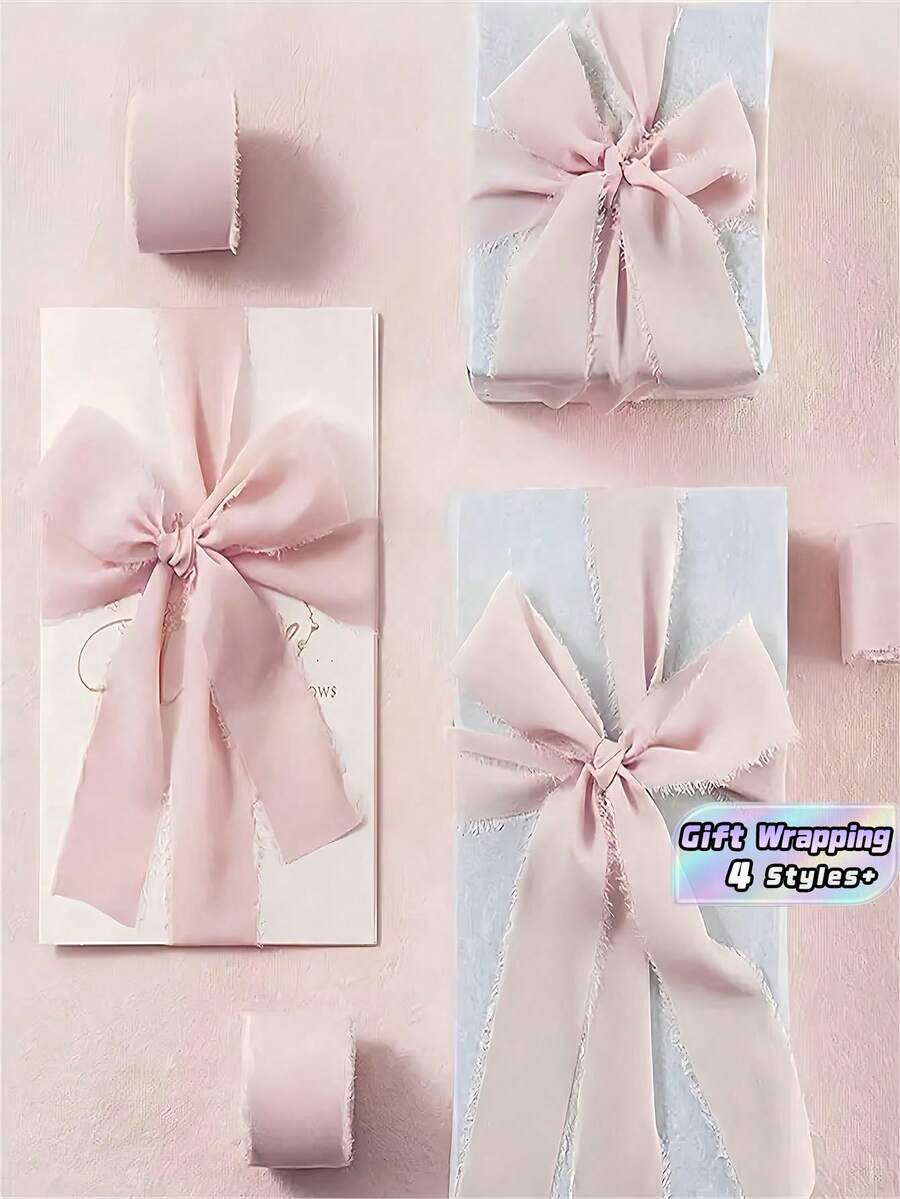 1/2/3 Rolos de Fita de Chiffon Feita à Mão com Borlas e Bordas Desfiadadas, Adequada para Convites de Casamento, Buquês de Noiva, Embrulho de Presentes, Artesanato e Decorações de Feriados. Na cor vermelha, é ideal para embrulho de presentes de buquê de noiva, artesanato de decoração de casamento e suprimentos para festa do Dia dos Namorados. - Rosa claro. - Visão 1