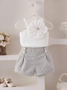 SHEIN 1pc Baby Girl White Summer Elegant 2nd Birthday Ribbed Asymmetric Strap Floral Decor Top With Pink Striped Shorts Set For Street Travel Photography - Black and White - View 9
