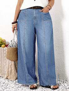 EMERY ROSE EMERY ROSE Plus Size Straight Loose Casual Jeans With Pockets, Versatile For Daily Wear, Summer - Light Wash - View 7