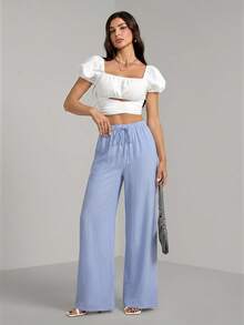 SHEIN Tall Loose Drawstring Waist Trousers In Textured Crinkle Fabric, Tall Women Vacation Lounge Travel Light Blue Autumn Casual - Blue - View 4