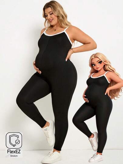 Plussiva Maternity Plus Size Contrast Color Casual Jumpsuit