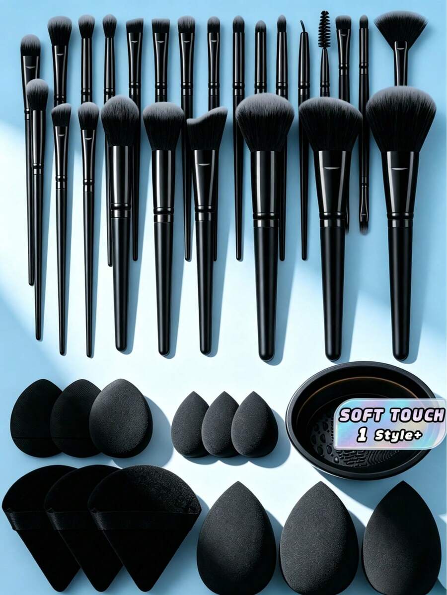 38PCS Complete Makeup Tools Sets Includes Brushes Sponges Puffs Cleaning Tool For Beginners Professionals Makeup Gift Kit - Black - View 1