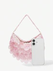Viva Strut Ladies, Women Pink Imitation Round Seashell Pieces Top Handle Bags, Handmade Bag, Fashionable, Simple, Personalized, Versatile, Sweet And Cool Girls, Hot Girls, For Beach, Vacation, Holiday, Summer, Seaside, Beach Party - Pink - View 5