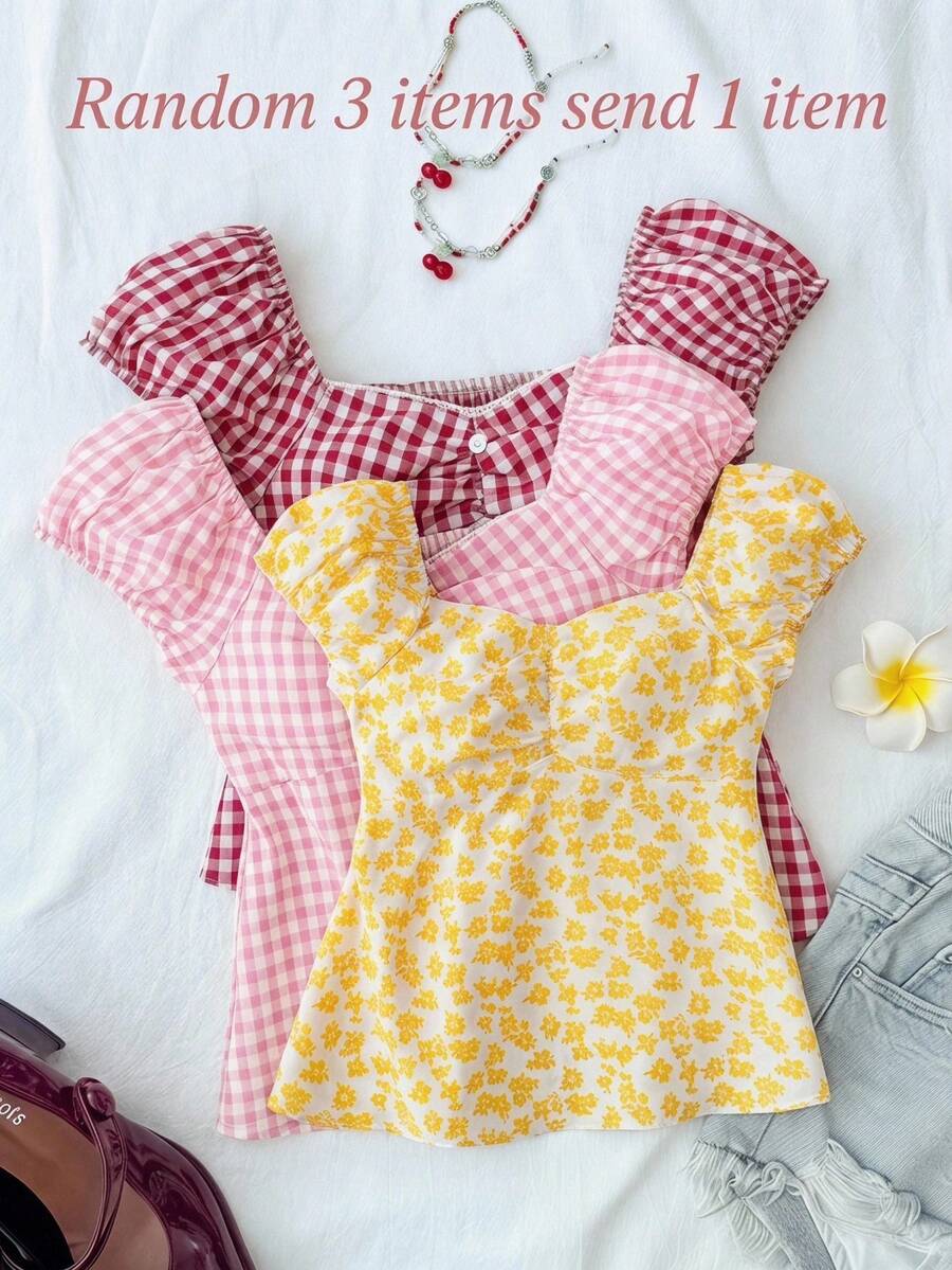 SHEIN Áo kiểu tay phồng họa tiết hoa nhí màu vàng cho bé gái tuổi teen, chất liệu vải nhẹ, họa tiết hoa đồng quê, kiểu dáng ngắn ngang eo, ngọt ngào, thoải mái cho trẻ em, thiết kế hoa độc đáo cho mùa hè. - Màu vàng - Xem 1