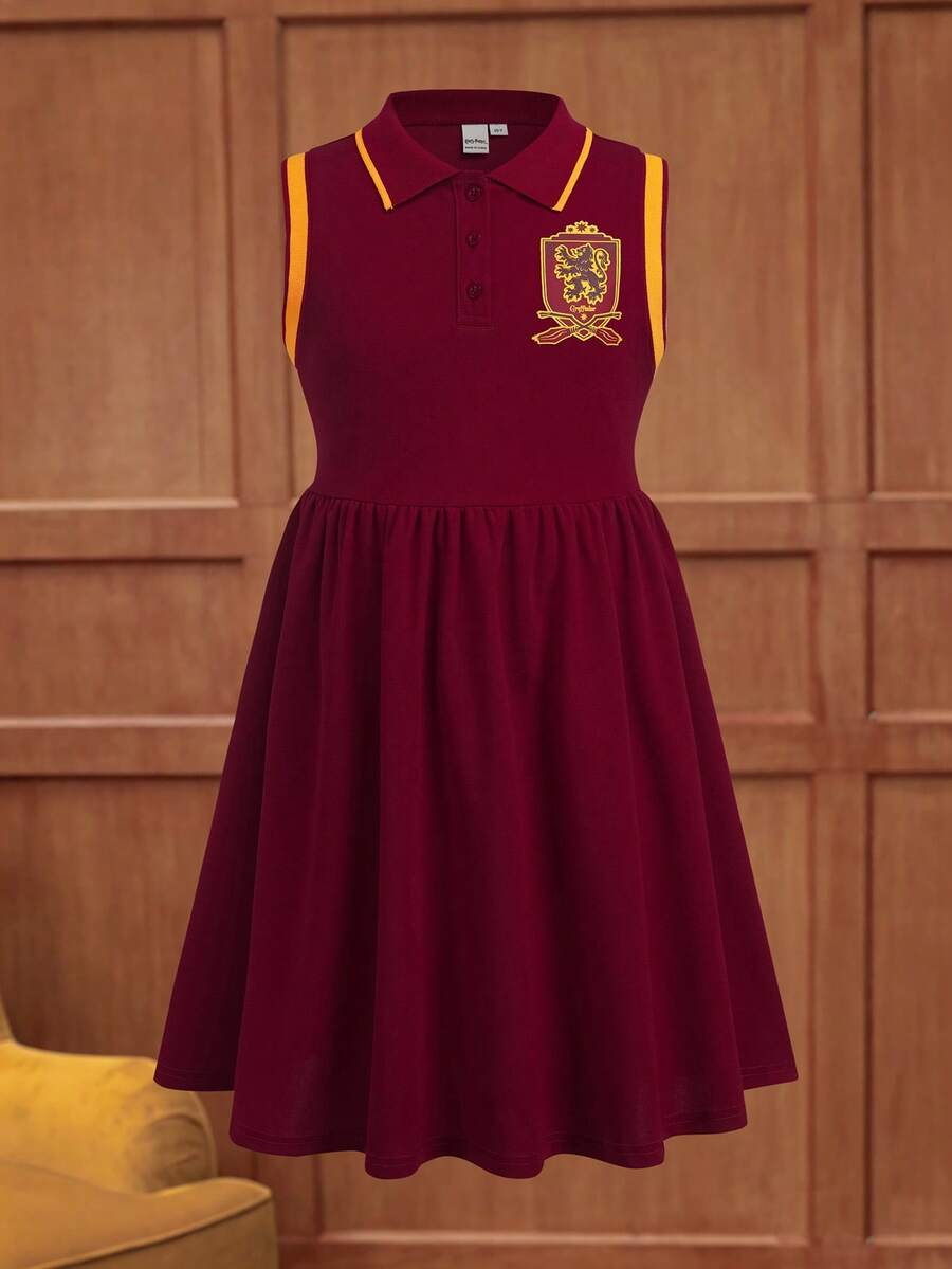 HARRY POTTER X SHEIN Đầm hè không tay phối màu tương phản dành cho bé gái tuổi teen - Đỏ - Xem 1