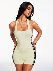 Nooralise Women's Color Block Halter Tie Casual Sexy Everyday Romper Golf Pastal Summer - Light Yellow - View 1