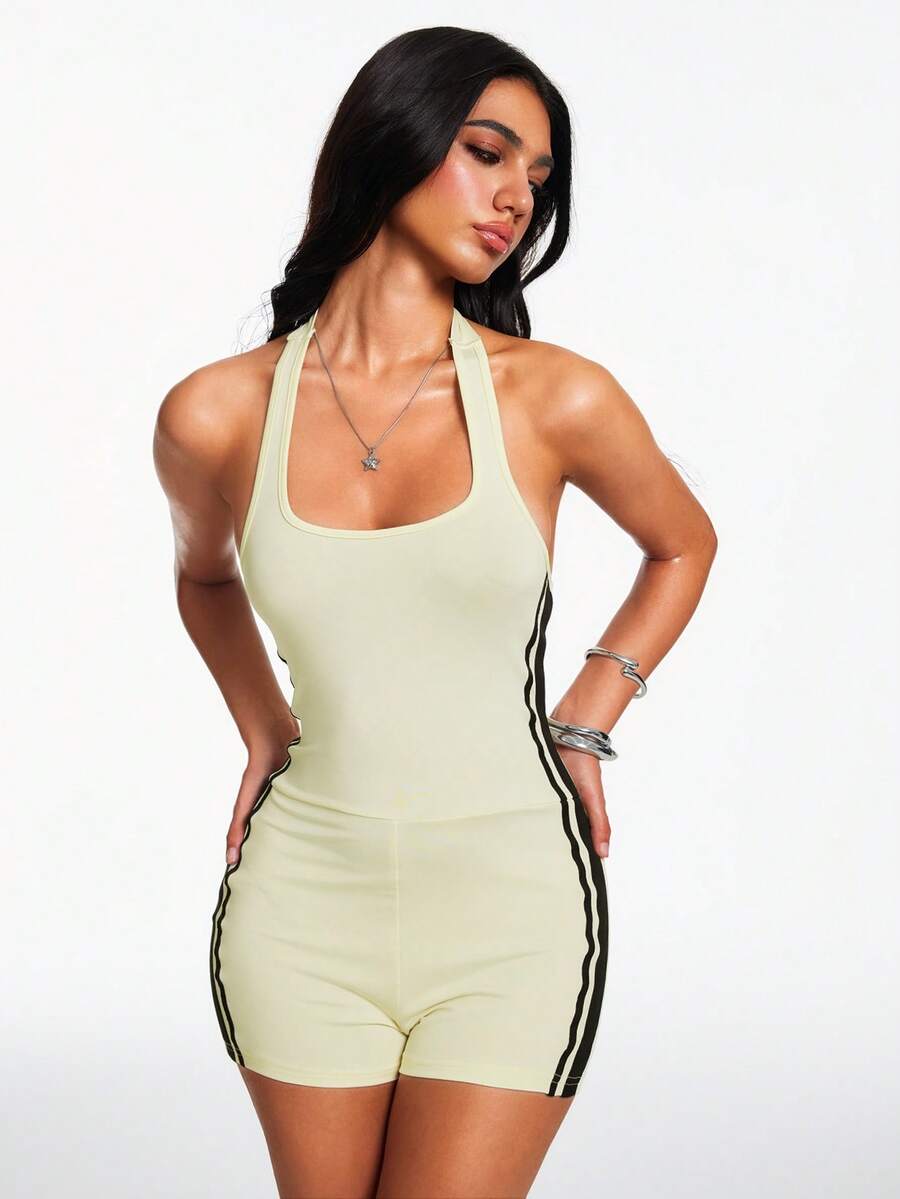 Nooralise Women's Color Block Halter Tie Casual Sexy Everyday Romper Golf Pastal Summer - Light Yellow - View 1