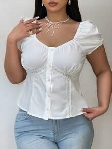 Vibekara Plus Size Solid Rhinestone Collar Short Sleeve Button Front Hollow-Out Splice Blouse Women Shirt - White - View 7