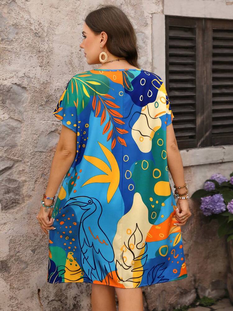Plus Size V-Neck Short Sleeve Casual Color Block Pocket Loose Dress Beach Outfit For Women