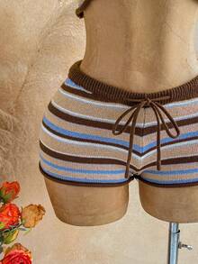 Soleia Bộ đồ nữ gồm áo dệt kim tay raglan kẻ sọc và quần short dệt kim, kiểu dáng thường ngày, gồm 2 món. - Nhiều màu - Xem 7