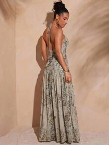 Hauture Sexy Summer Vacation Abstract Printed Deep Plunge Ruched Halter Open Back Maxi Dress - Multicolor - View 2
