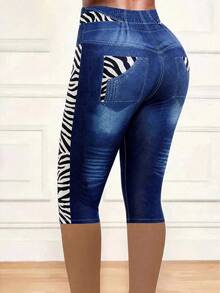 Ellevyn Quần legging nữ cạp cao hiệu ứng denim họa tiết ngựa vằn dài 7/8 - Màu xanh lam - Xem 2