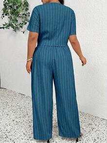 SHEIN Frenchy Plus Size Spring/Summer Casual Minimalist Versatile Striped 2 Pieces Suit Set, Women Blazer + Pants In Fall/Winter - Teal Blue - View 3