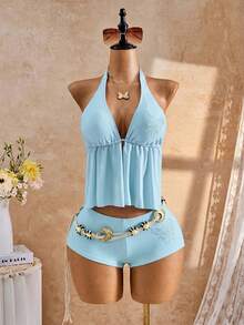 Bellisia 26SS Spring/Summer Vacation Beach Holiday Vacation Rhinestone Butterfly Print Halter Tankini Set Light Blue Tropical - Baby Blue - View 4