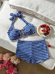 Swim Mod Women's Cute Vacation Pink Striped Halter Swimwear Set - Blue - View 3